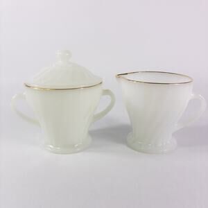Anchor Hocking Fire King Milk Glass Cream And Sugar Swirl Gold Rim w/ Lid